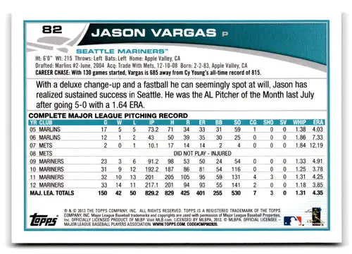 2013 Topps Jason Vargas baseball card with original gloss and NM-MT quality
