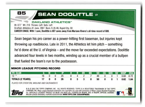 2013 Topps Sean Doolittle baseball card with original gloss NM-MT Athletics ID 71854