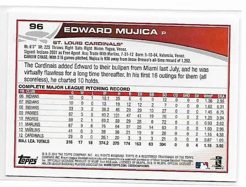 Original gloss Edward Mujica baseball card 2013 Topps NM-MT Cardinals ID:63649