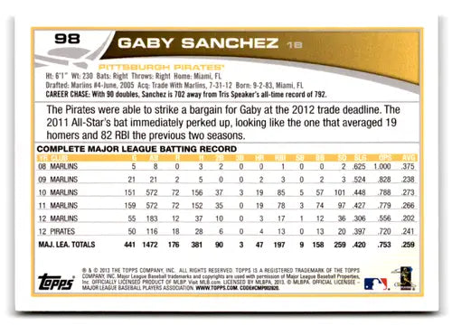 Gaby Sanchez baseball card with original gloss in NM-MT condition from 2013 Topps