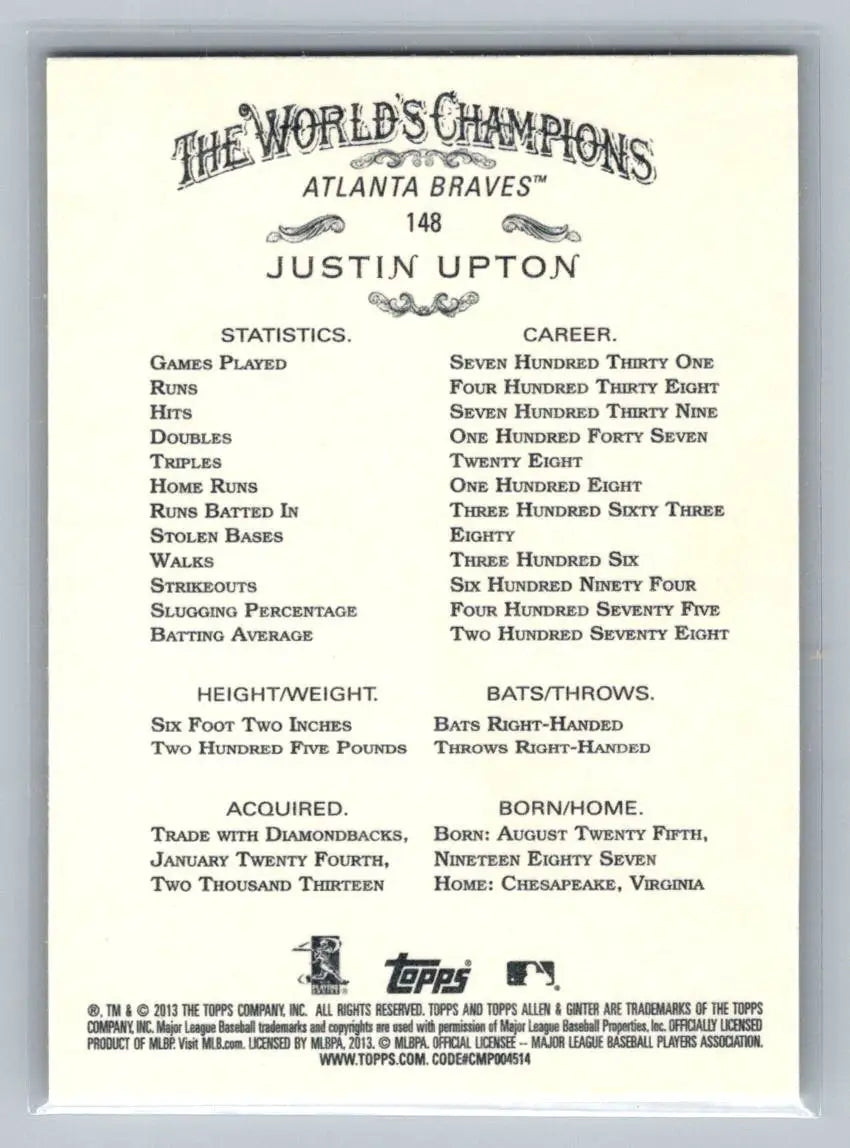 Justin Upton baseball card back from 2013 Topps Allen & Ginter Atlanta Braves collection