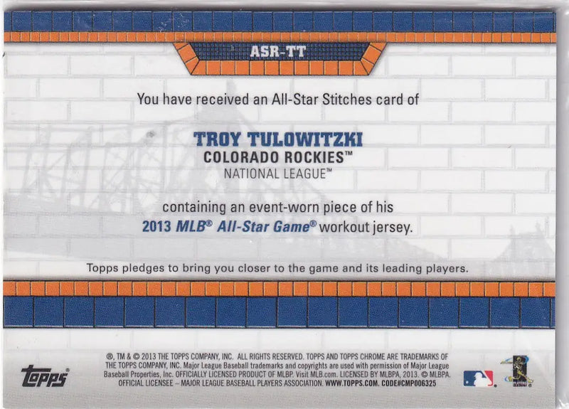 2013 TOPPS #ASR-TT TROY TULOWITZKI ALL STAR PATCH- COLORADO ROCKIES - Baseball Card Single