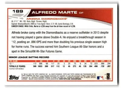 2013 Topps Baseball Chrome Alfredo Marte #189 RC Arizona Diamondbacks - Baseball Card Single