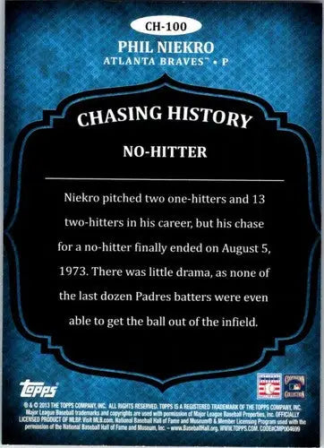 Baseball card back from 2013 Topps Chasing History Phil Niekro NM-MT Braves