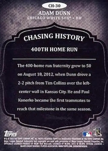 2013 Topps Chasing History #CH-30 Adam Dunn NM-MT White Sox ID:70857 - Baseball Card Single
