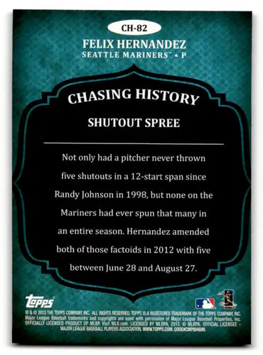 Baseball card back from 2013 Topps Chasing History Silver Foil Felix Hernandez NM near mint