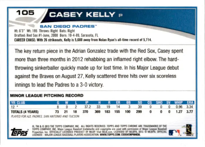 2013 Topps Chrome #105 Casey Kelly - Baseball Card Single