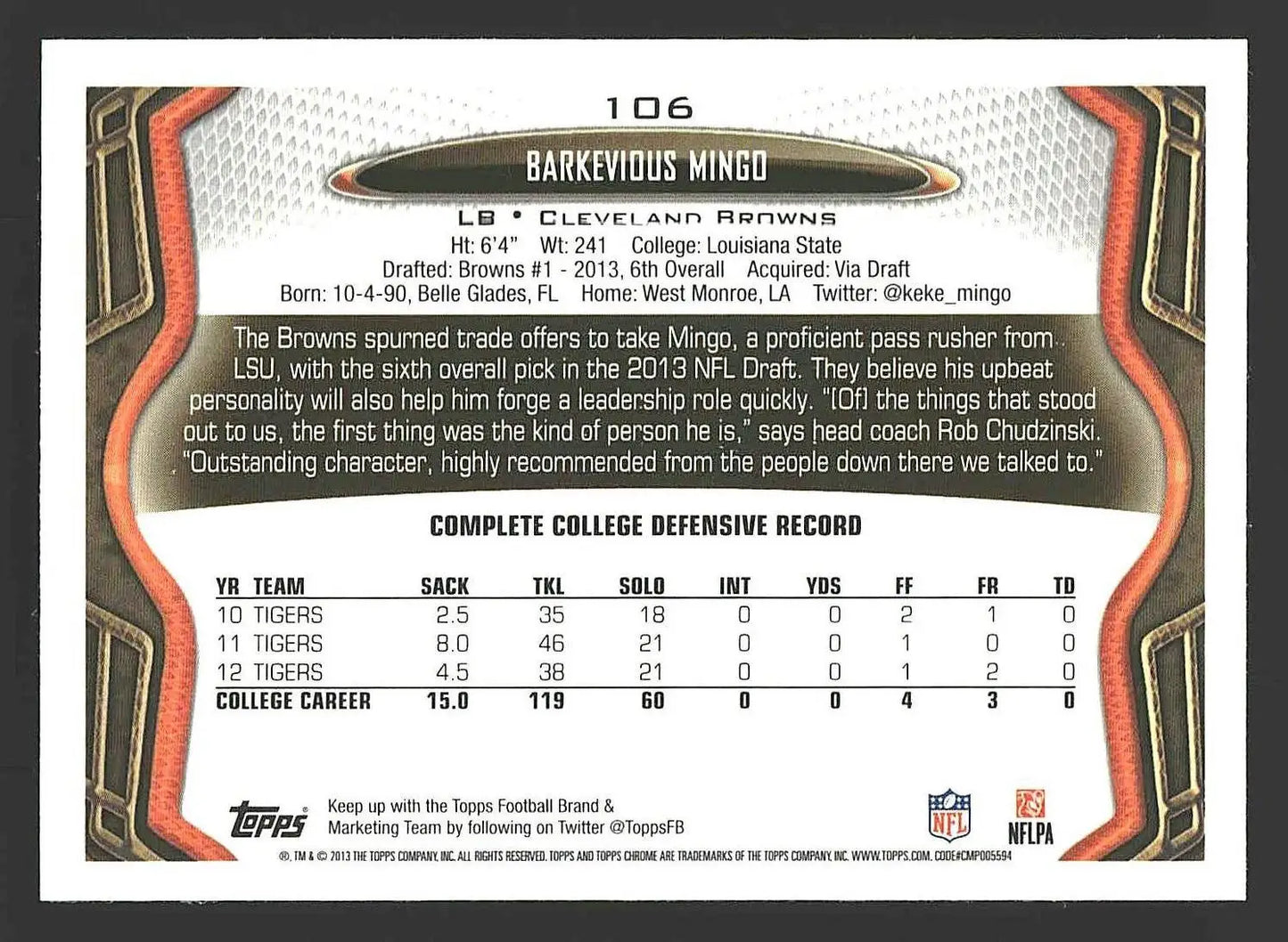 2013 Topps Chrome #106 Barkevious Mingo - Football Card Single