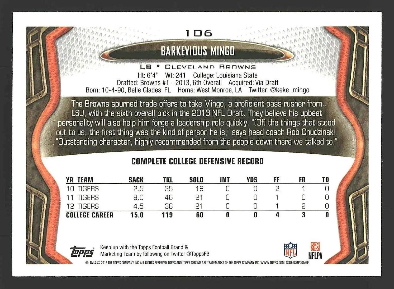 2013 Topps Chrome #106 Barkevious Mingo - Football Card Single