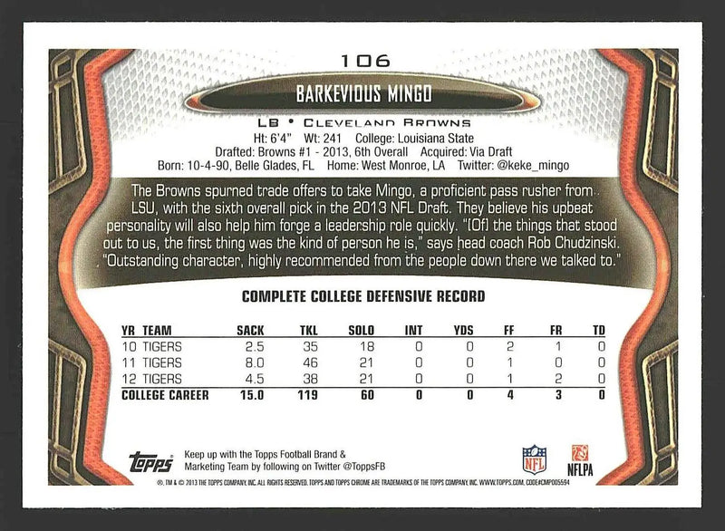 2013 Topps Chrome #106 Barkevious Mingo - Football Card Single