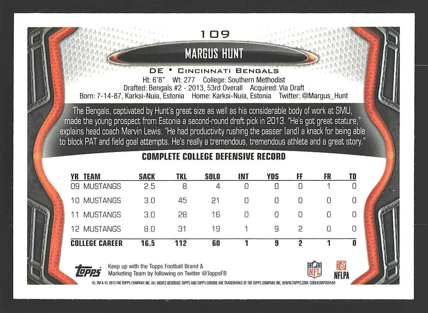 2013 Topps Chrome #109 Margus Hunt - Football Card Single