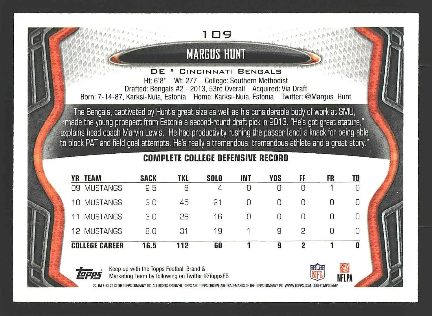 2013 Topps Chrome #109 Margus Hunt - Football Card Single