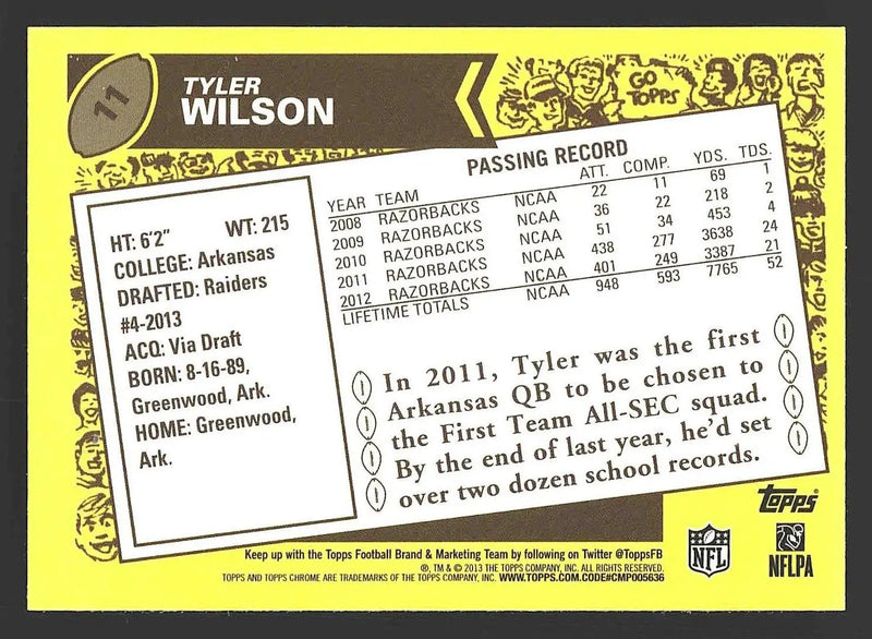 2013 Topps Chrome #11 Tyler Wilson 1986 - Football Card Single