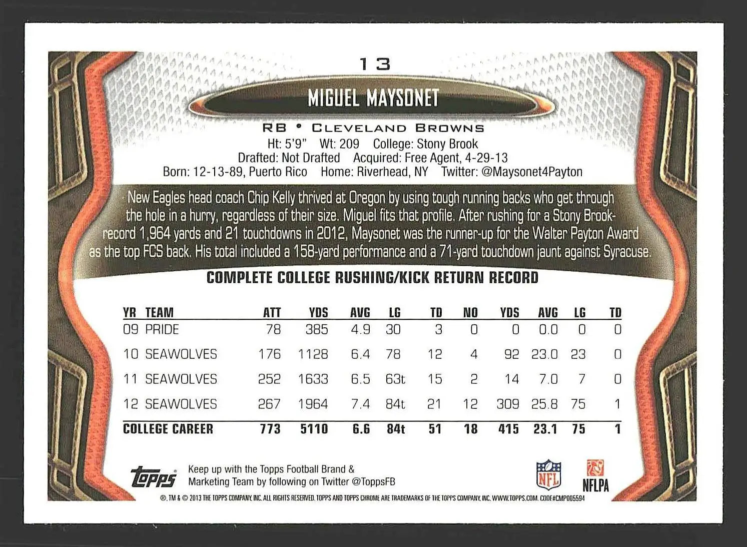 2013 Topps Chrome #13 Miguel Maysonet - Football Card Single