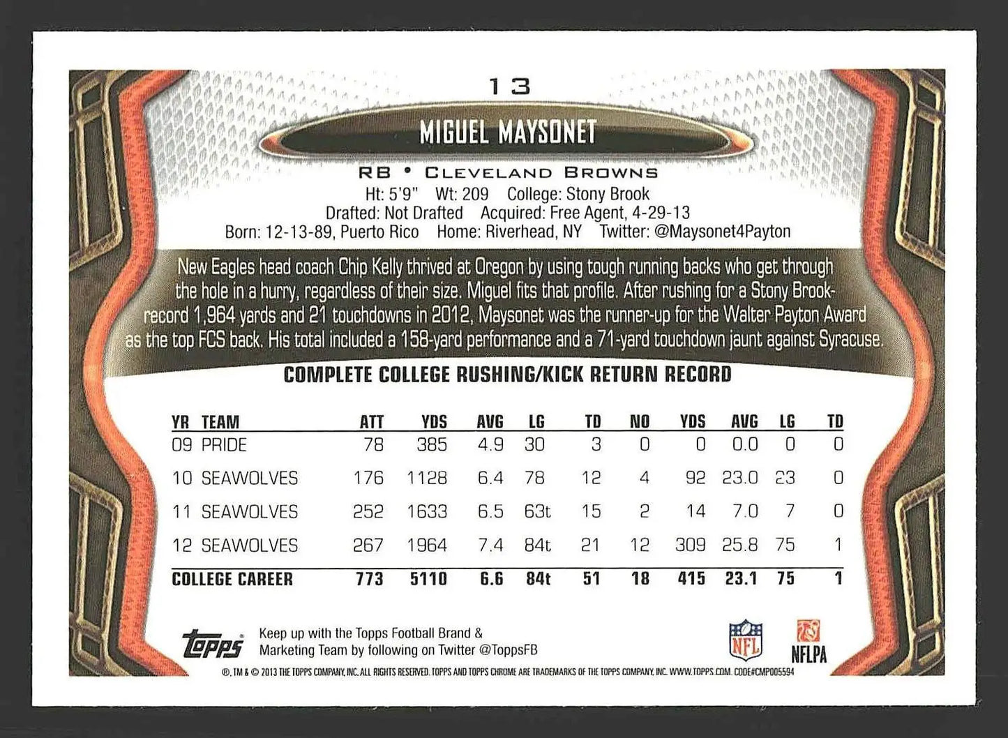 2013 Topps Chrome #13 Miguel Maysonet - Football Card Single
