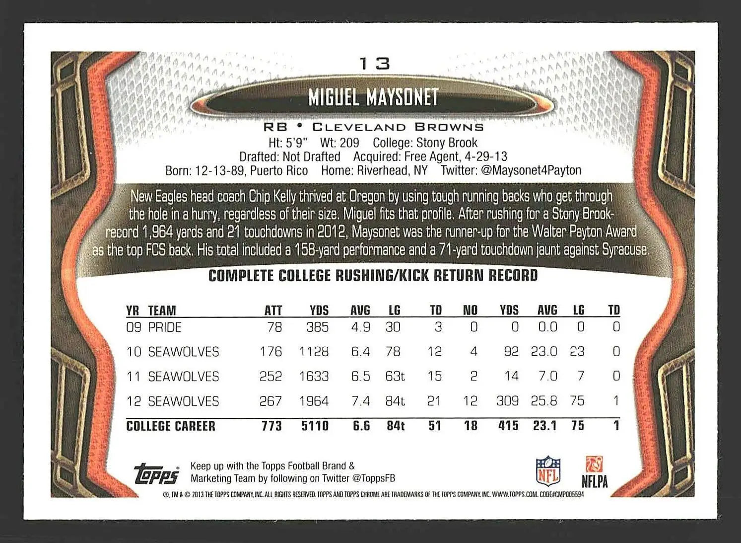 2013 Topps Chrome #13 Miguel Maysonet - Football Card Single