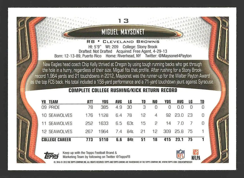 2013 Topps Chrome #13 Miguel Maysonet - Football Card Single