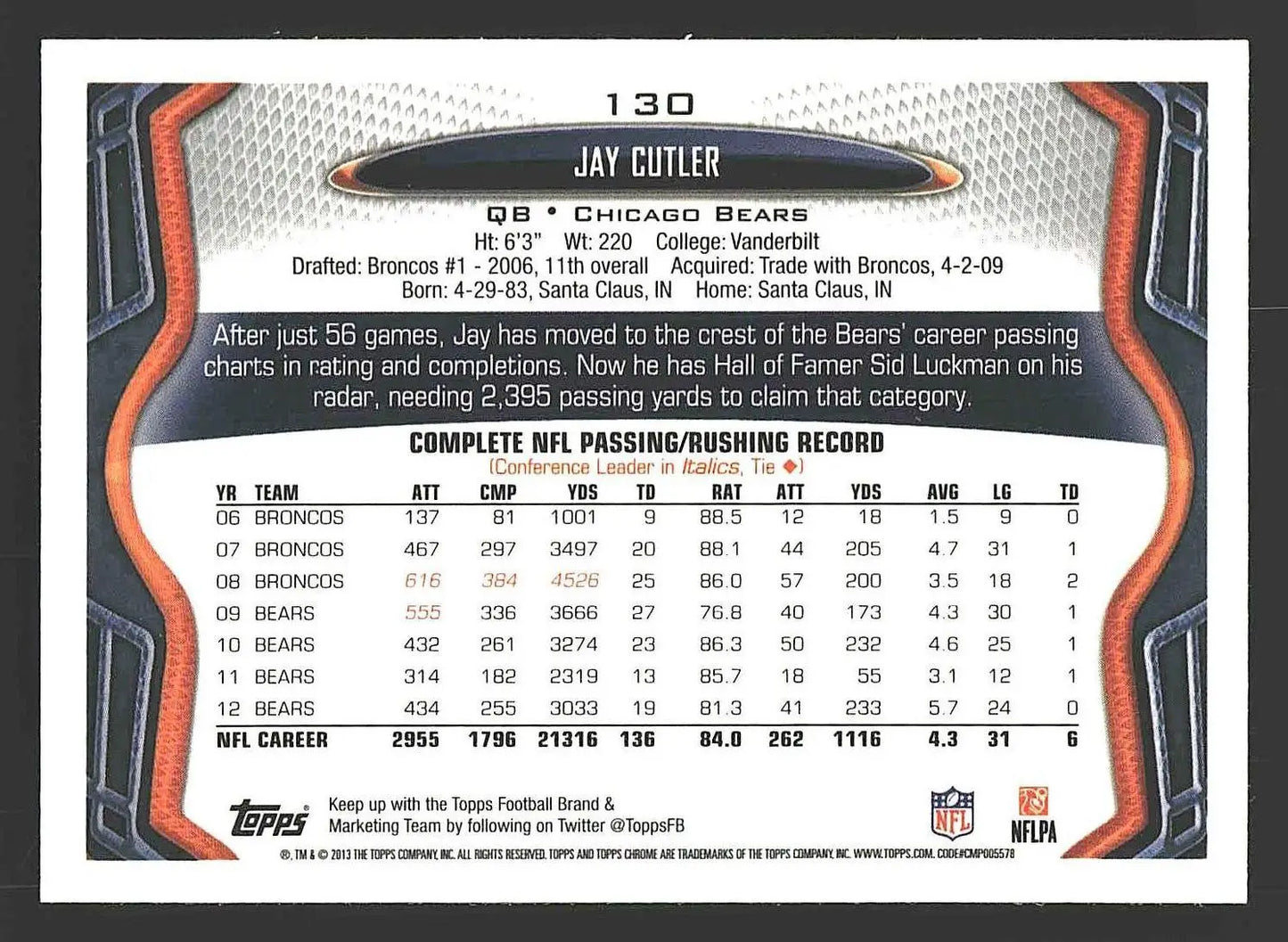 2013 Topps Chrome #130 Jay Cutler - Football Card Single