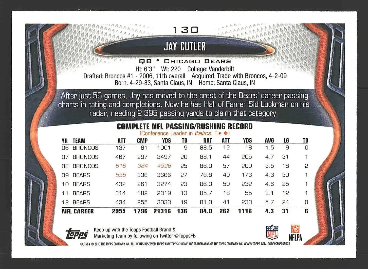 2013 Topps Chrome #130 Jay Cutler - Football Card Single