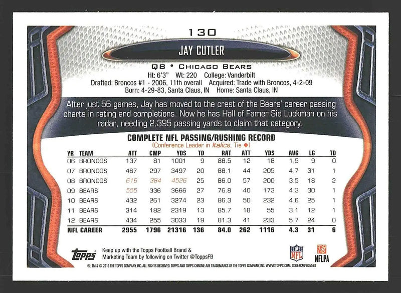 2013 Topps Chrome #130 Jay Cutler - Football Card Single