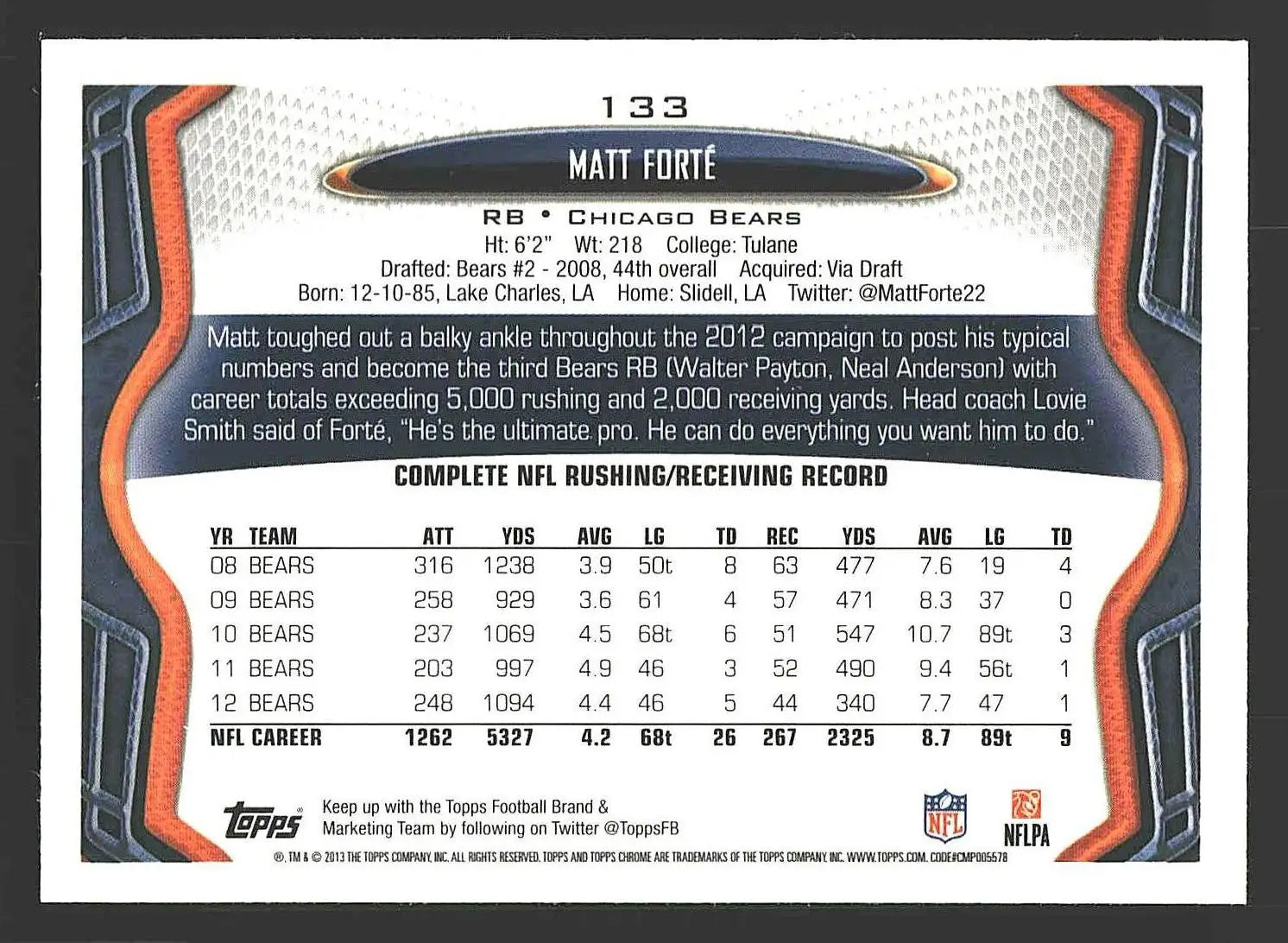 2013 Topps Chrome #133 Matt Forte - Football Card Single