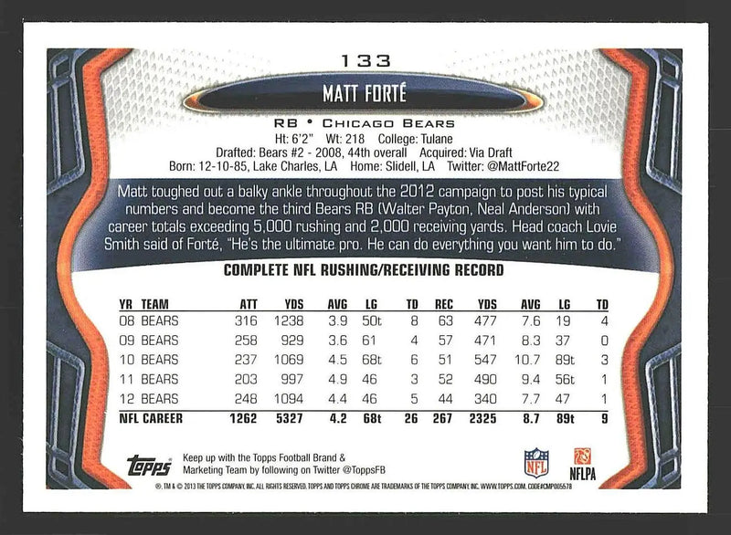 2013 Topps Chrome #133 Matt Forte - Football Card Single