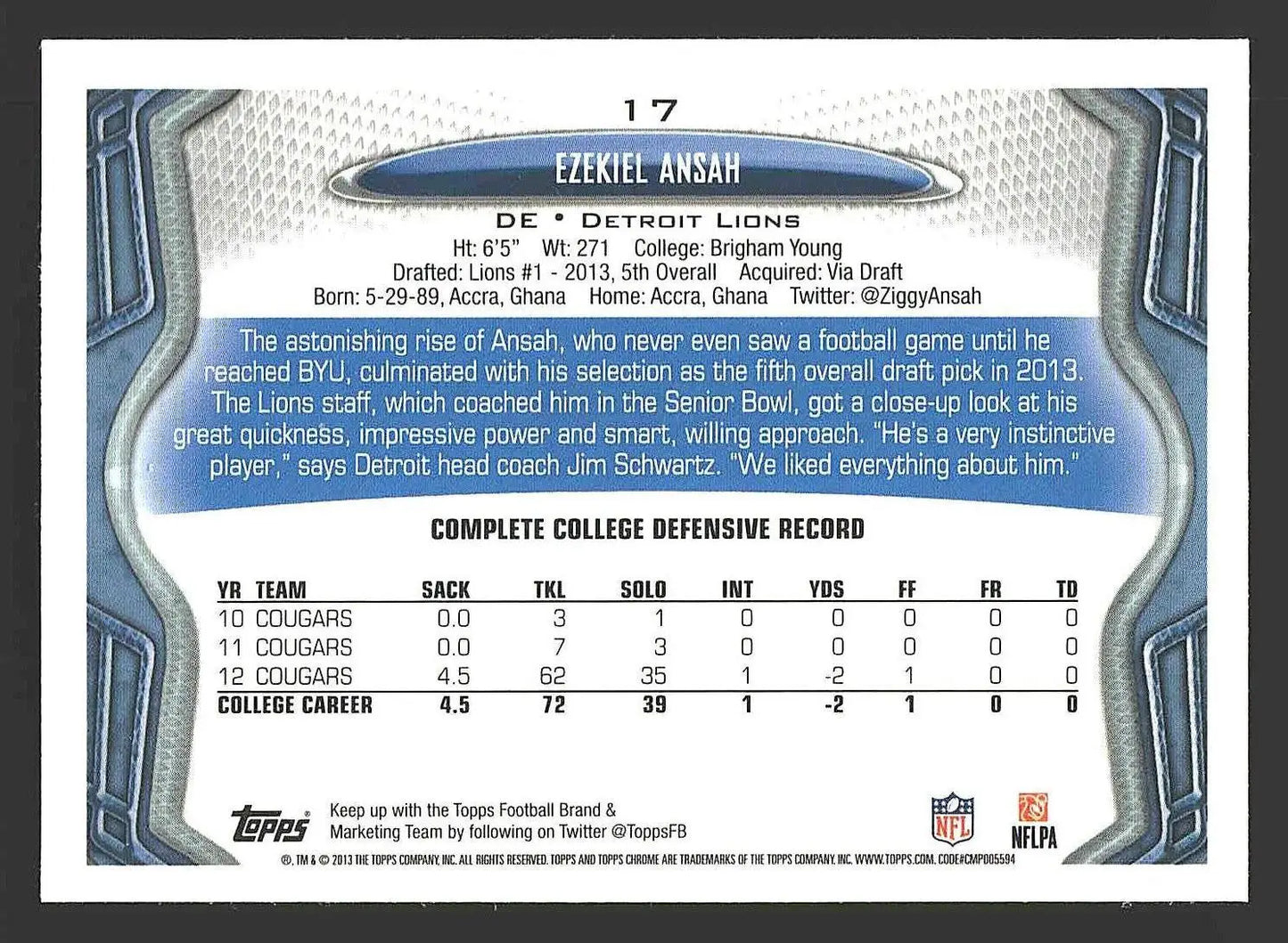 2013 Topps Chrome #17 Ezekiel Ansah - Football Card Single
