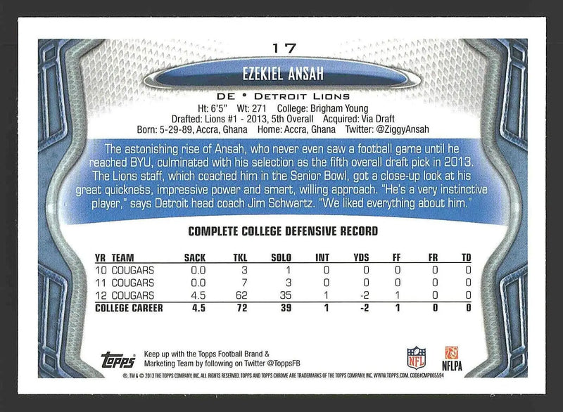 2013 Topps Chrome #17 Ezekiel Ansah - Football Card Single