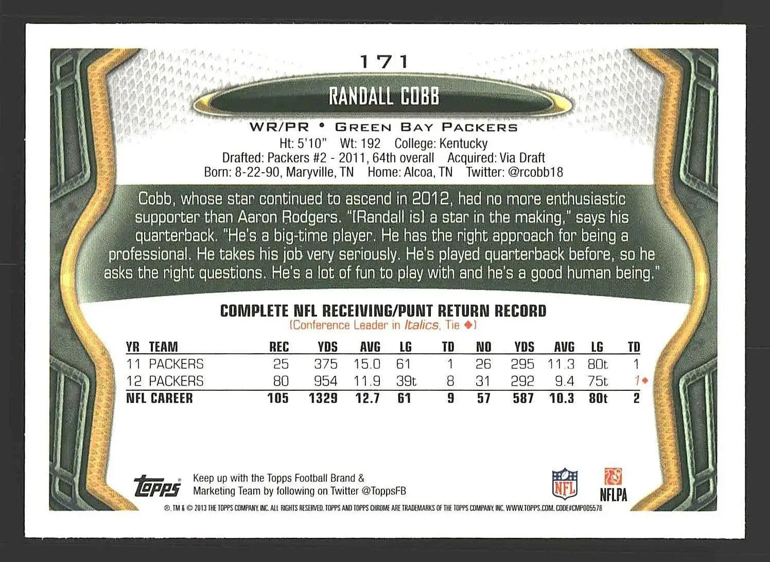 2013 Topps Chrome #171 Randall Cobb - Football Card Single