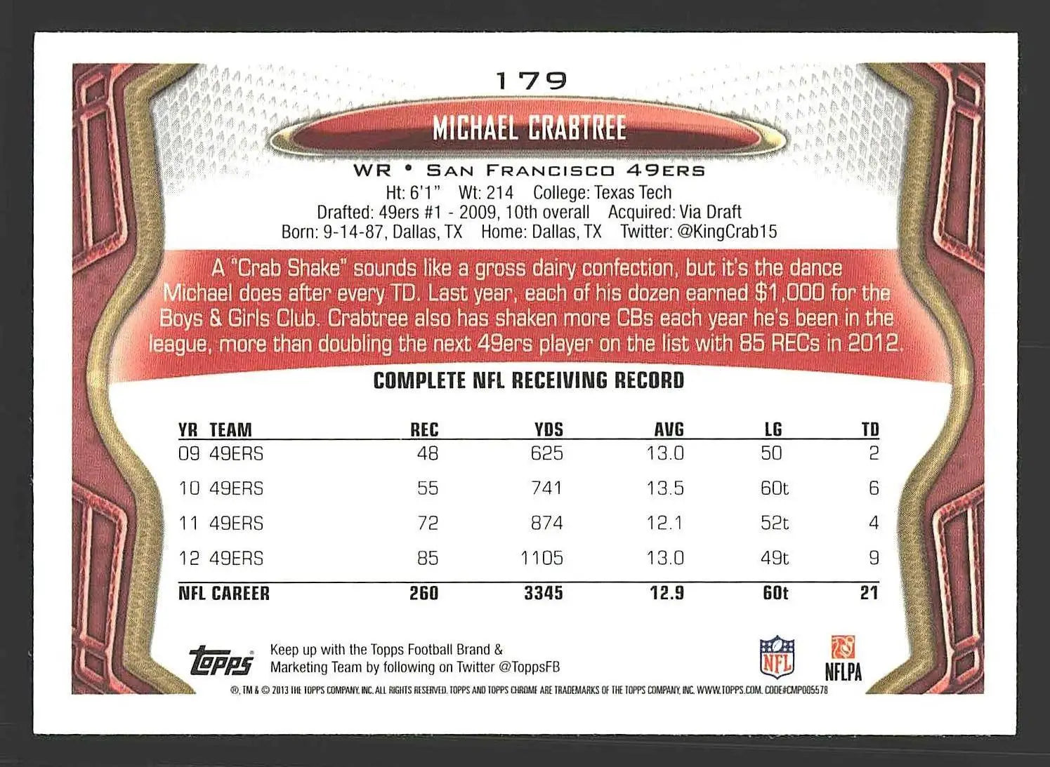 2013 Topps Chrome #179 Michael Crabtree - Football Card Single