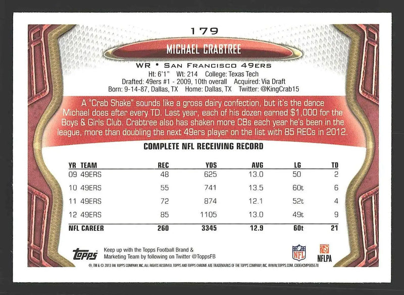 2013 Topps Chrome #179 Michael Crabtree - Football Card Single