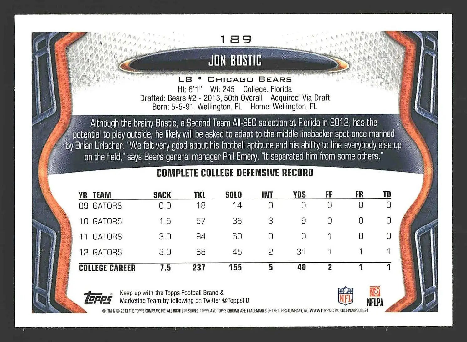 2013 Topps Chrome #189 Jon Bostic - Football Card Single