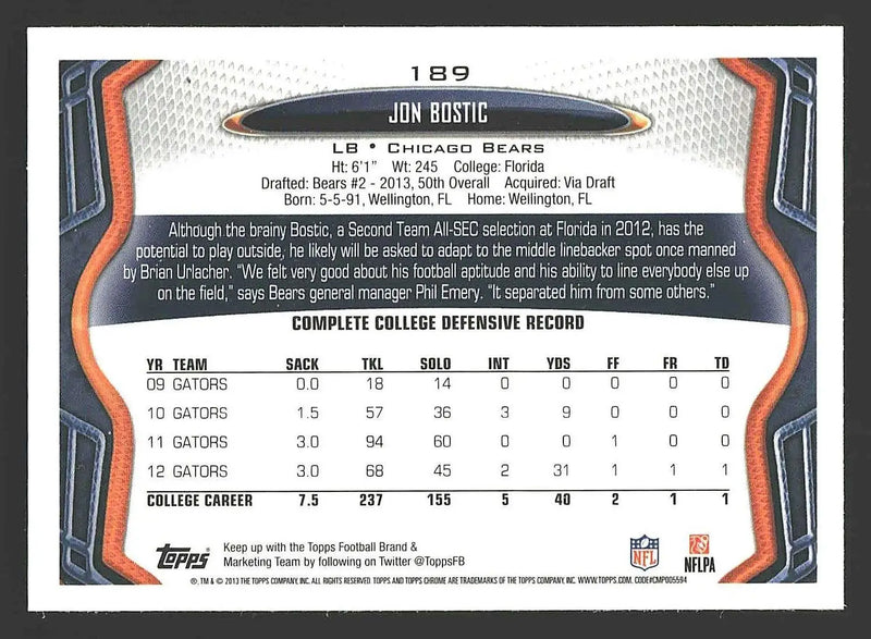 2013 Topps Chrome #189 Jon Bostic - Football Card Single