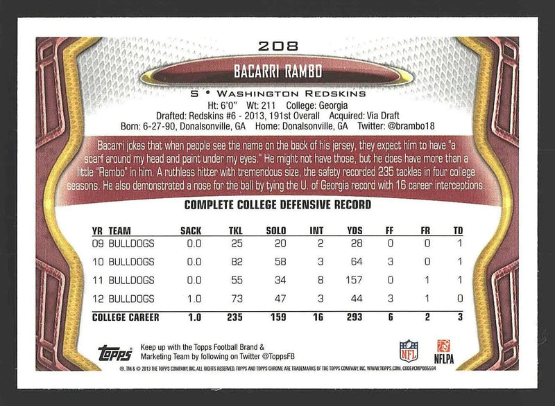 2013 Topps Chrome #208 Bacarri Rambo - Football Card Single