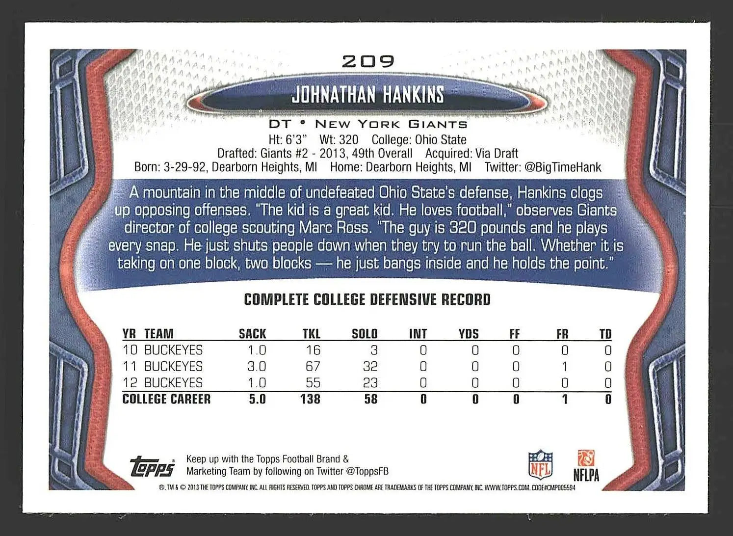 2013 Topps Chrome #209 Johnathan Hankins - Football Card Single