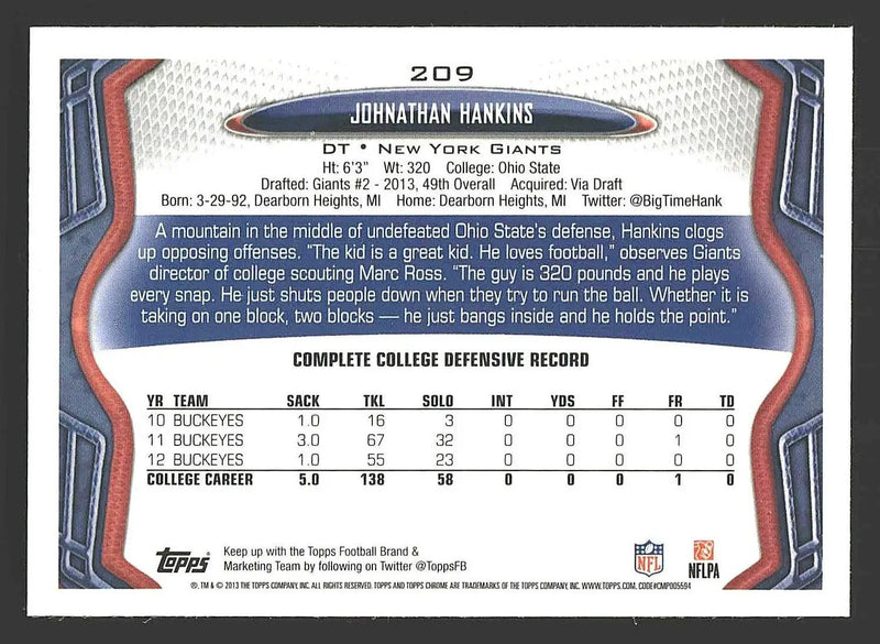 2013 Topps Chrome #209 Johnathan Hankins - Football Card Single