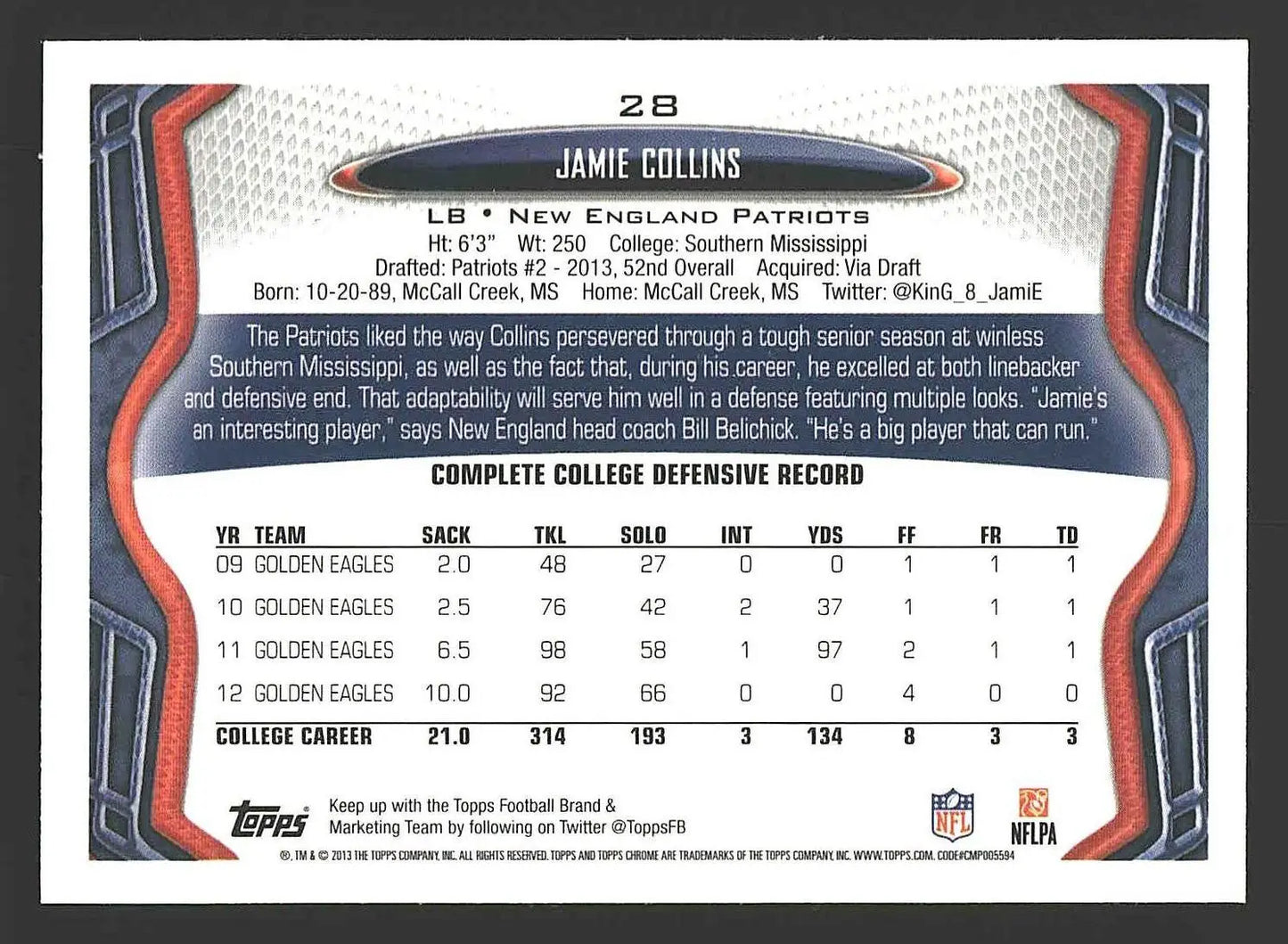2013 Topps Chrome #28 Jamie Collins - Football Card Single