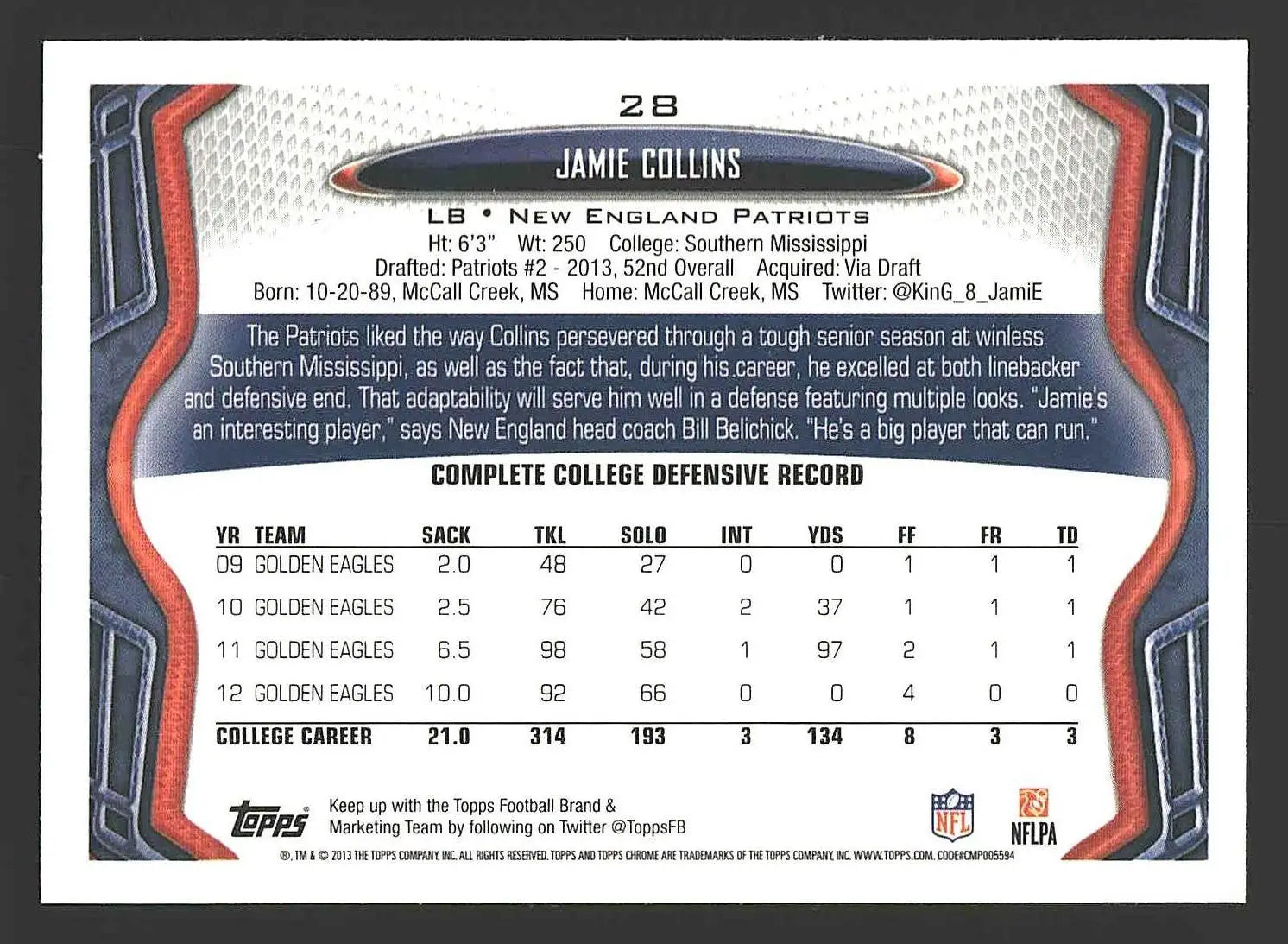 2013 Topps Chrome #28 Jamie Collins - Football Card Single