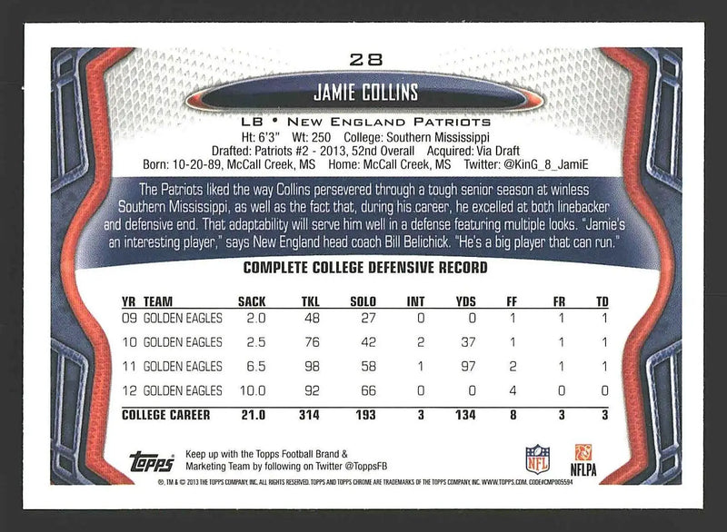2013 Topps Chrome #28 Jamie Collins - Football Card Single