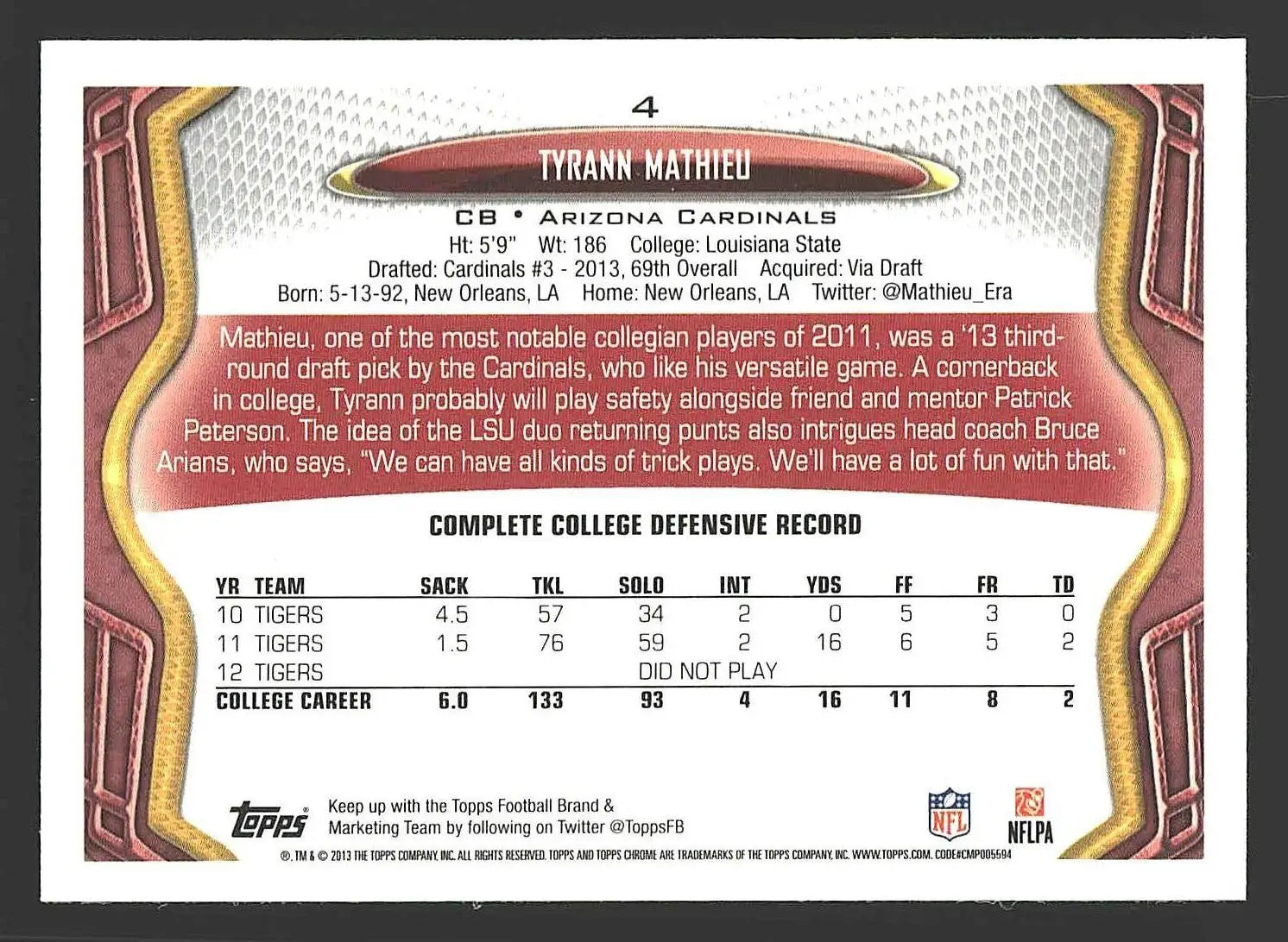 2013 Topps Chrome #4 Tyrann Mathieu - Football Card Single
