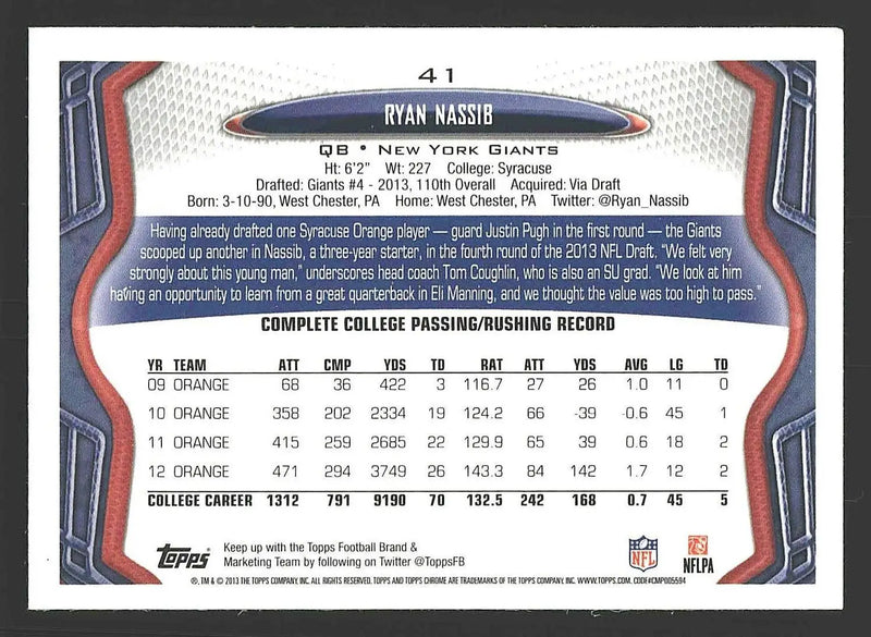 2013 Topps Chrome #41 Ryan Nassib - Football Card Single