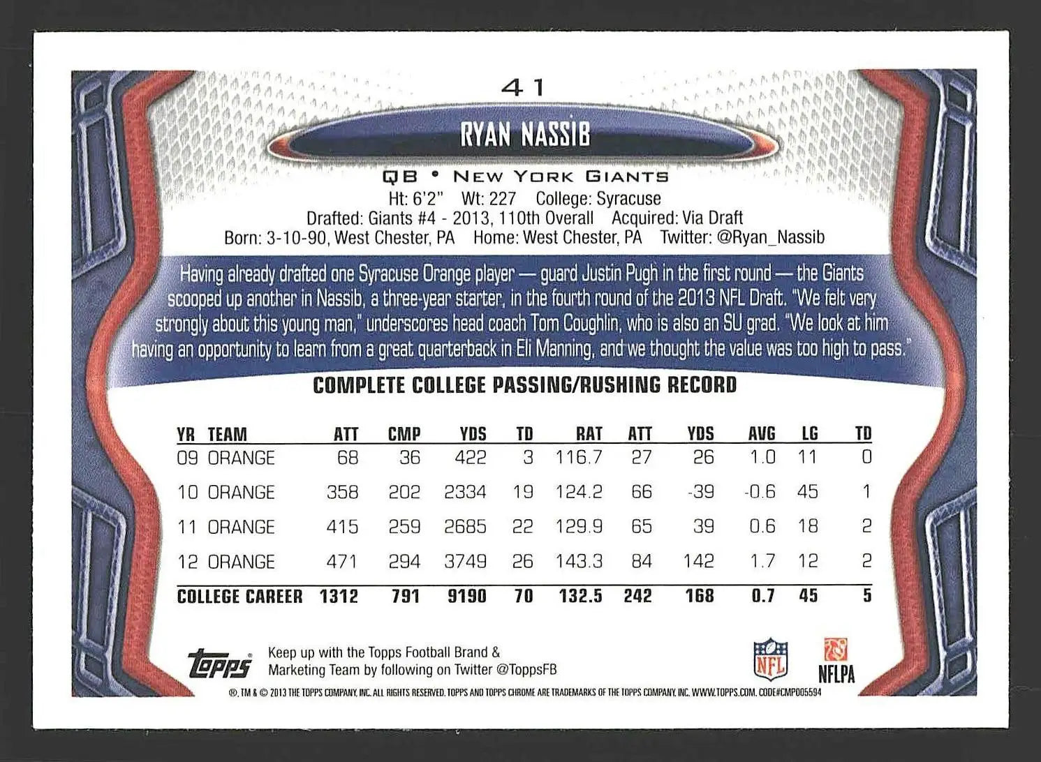 2013 Topps Chrome #41 Ryan Nassib - Football Card Single