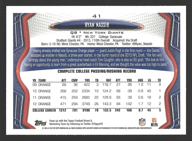 2013 Topps Chrome #41 Ryan Nassib - Football Card Single