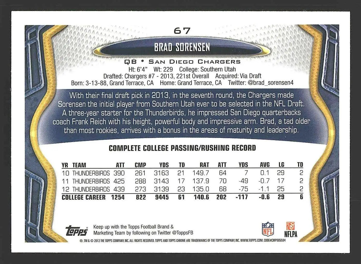 2013 Topps Chrome #67 Brad Sorensen - Football Card Single