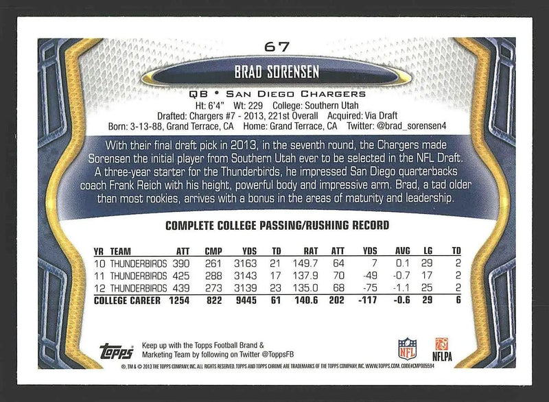 2013 Topps Chrome #67 Brad Sorensen - Football Card Single
