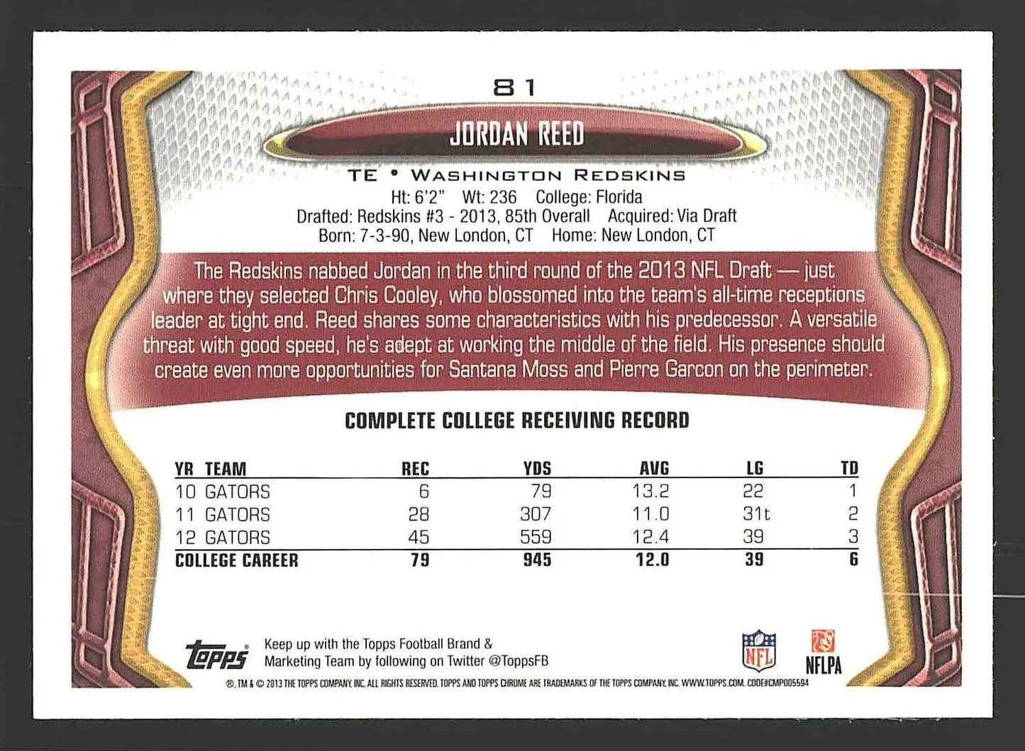 2013 Topps Chrome #81 Jordan Reed - Football Card Single