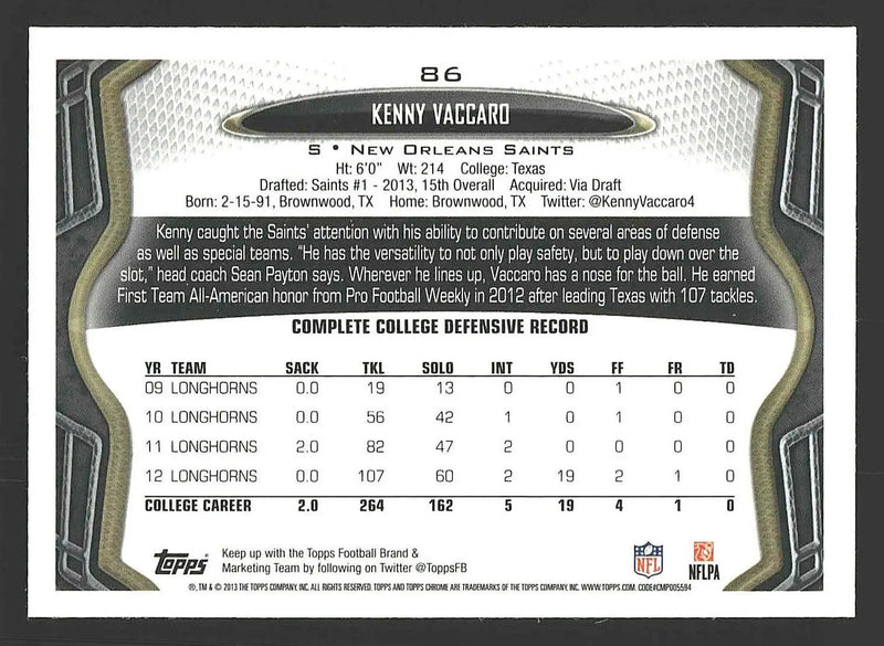 2013 Topps Chrome #86 Kenny Vaccaro - Football Card Single