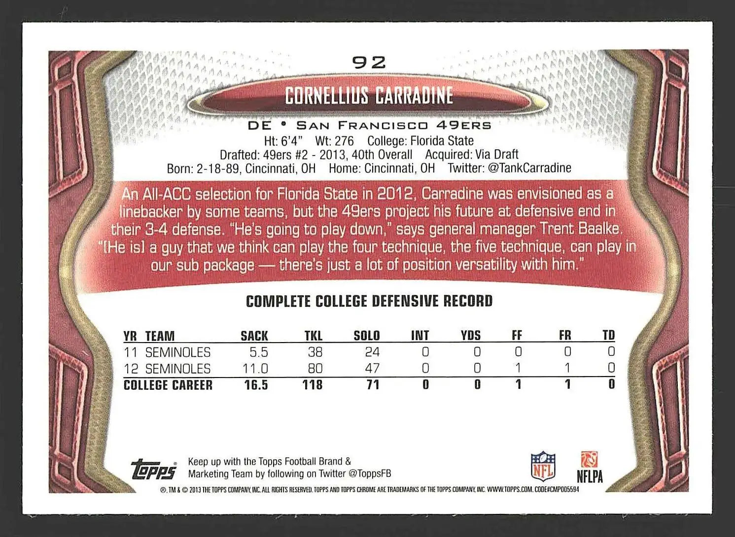2013 Topps Chrome #92 Cornellius Carradine - Football Card Single