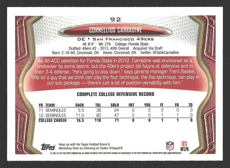 2013 Topps Chrome #92 Cornellius Carradine - Football Card Single