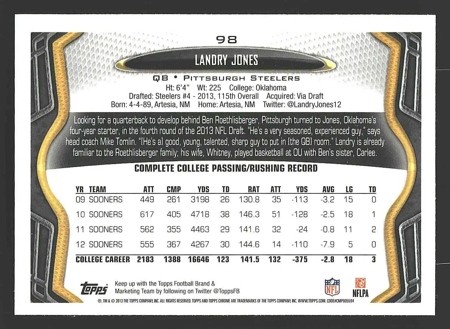 2013 Topps Chrome #98 Landry Jones - Football Card Single